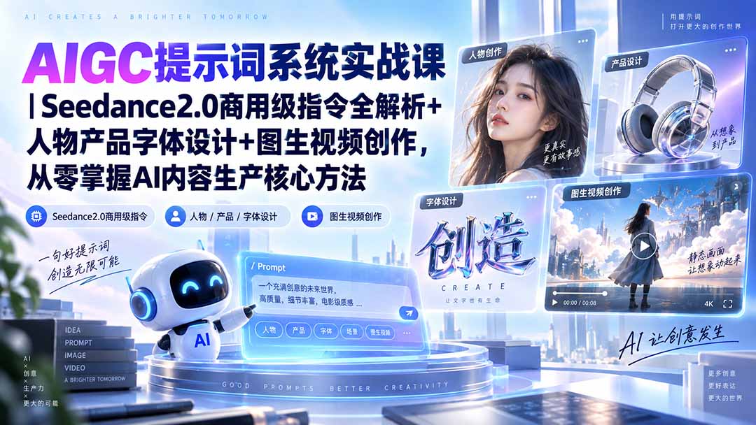 AIGC提示词系统实战课-无水印｜Seedance2.0商用级指令全解析+人物产品字体设计+图生视频创作，掌握AI内容生产方法-智点网