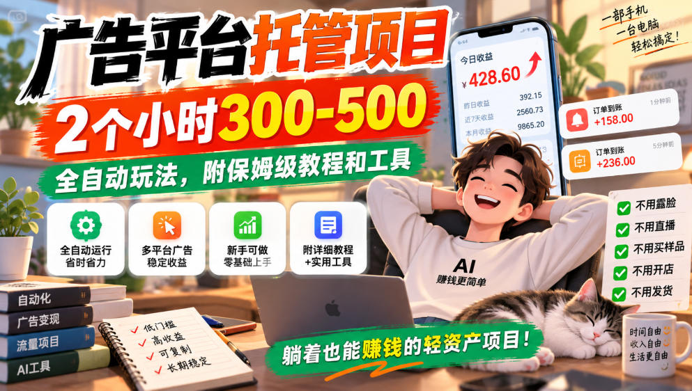 广告平台托管项目，2个小时300-500，全自动玩法，附保姆级教程和工具，小白照着就能做【揭秘】-智点网