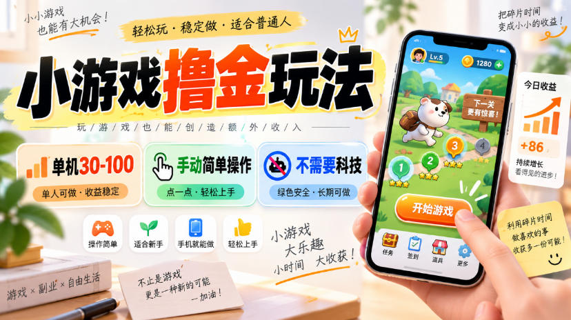 小游戏撸金玩法，单机30-100，手动简单操作，不需要科技-智点网