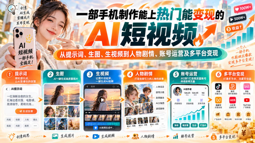 【无水印】一部手机制作能上热门能变现的AI短视频，从提示词、生图、生视频到人物剧情、账号运营及多平台变现-智点网