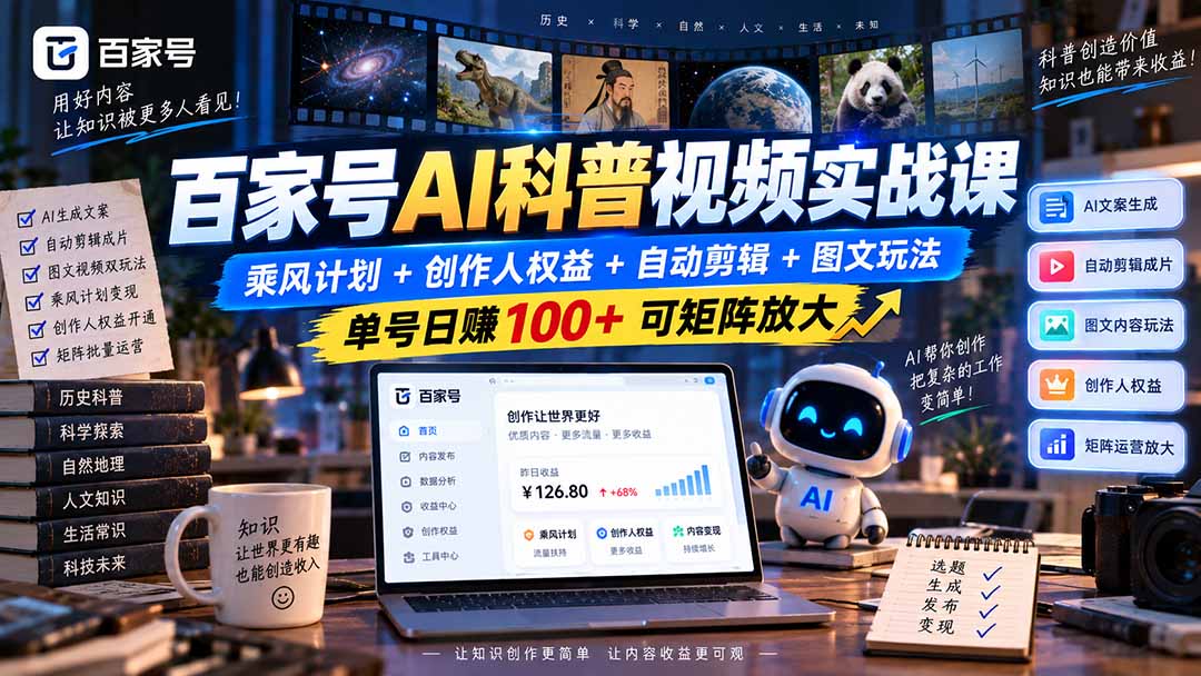 百家号AI科普视频实战课：乘风计划+创作人权益+自动剪辑+图文玩法，单号日赚100+可矩阵放大-智点网