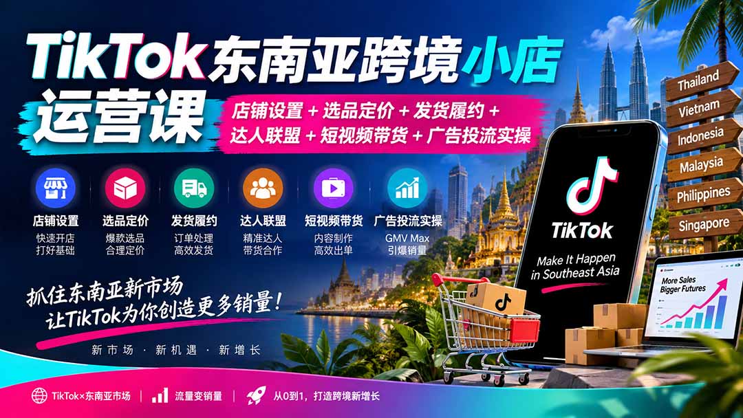 TikTok东南亚跨境小店运营课：店铺设置+选品定价+发货履约+达人联盟+短视频带货+广告投流实操-智点网