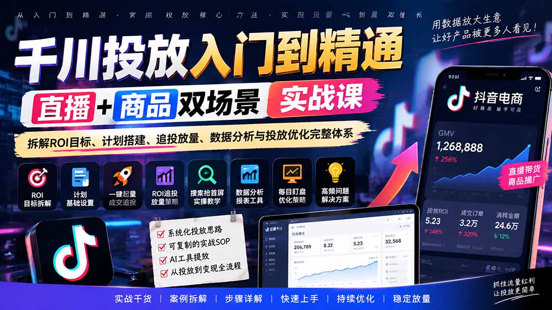 千川投放入门到精通实战课｜直播+商品双场景拆解ROI目标、计划搭建、追投放量、数据分析与投放优化完整体系-智点网