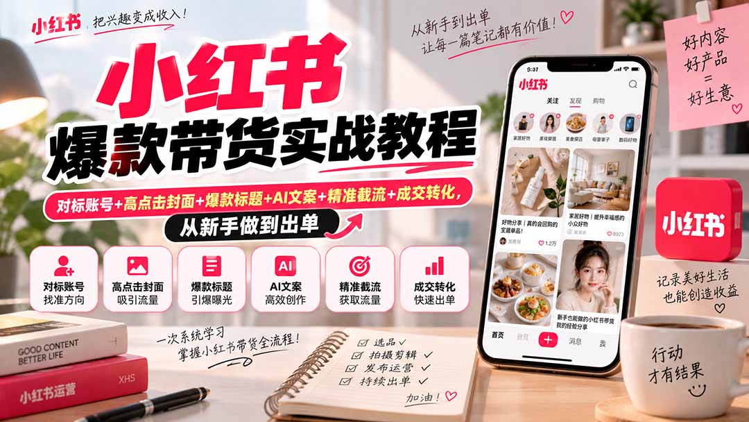 小红书爆款带货实战教程｜对标账号+高点击封面+爆款标题+AI文案+精准截流+成交转化，从新手做到出单-智点网