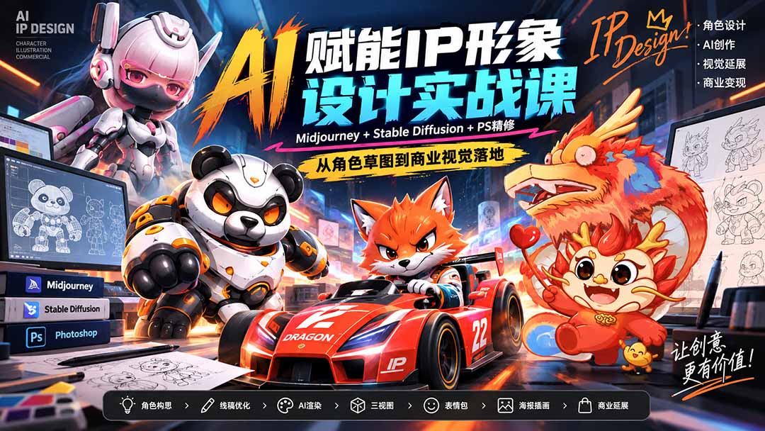 AI赋能IP形象设计实战课-无水印：Midjourney+Stable Diffusion+PS精修，从角色草图到商业视觉落地-智点网