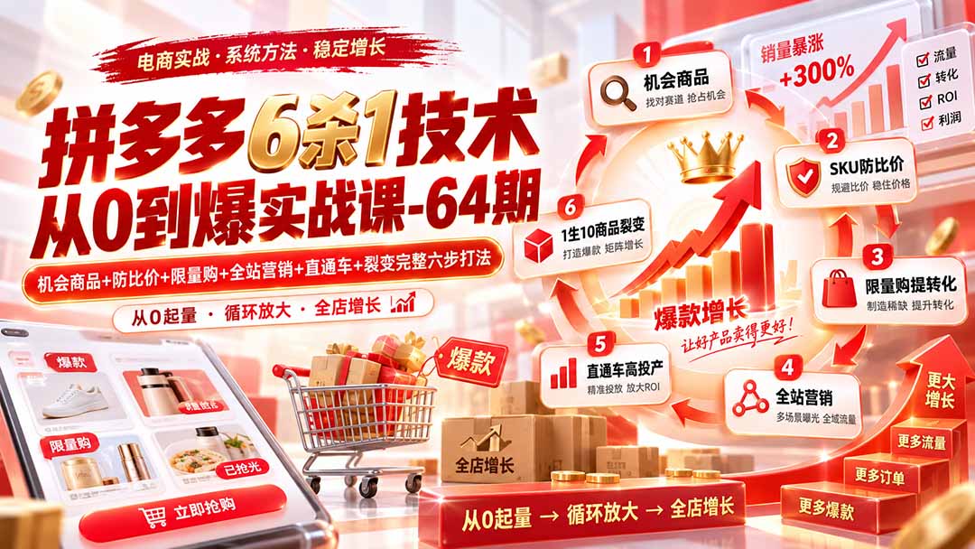 拼多多6杀1技术从0到爆实战课-64期：机会商品+防比价+限量购+全站营销+直通车+裂变完整六步打法-智点网
