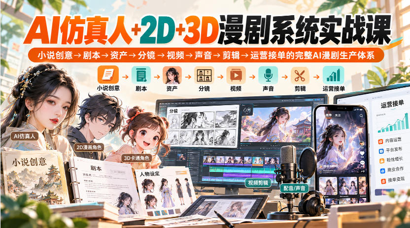 【无水印】AI仿真人+2D+3D漫剧系统实战课，小说创意→剧本→资产→分镜→视频→声音→剪辑→运营接单的完整AI漫剧生产体系-智点网