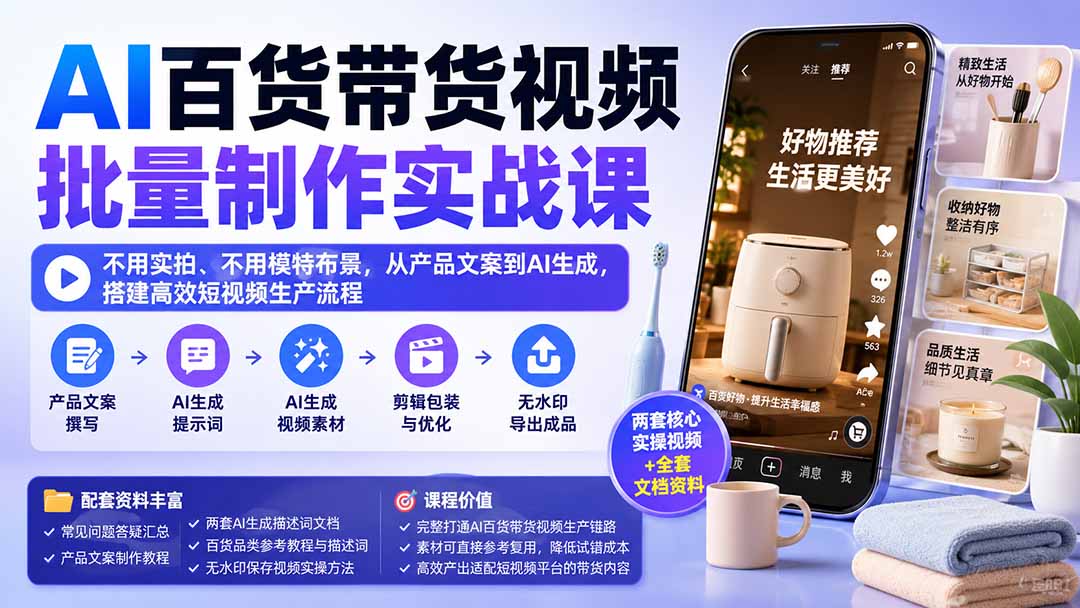 AI百货带货视频批量制作实战课：不用实拍、不用模特布景，从产品文案到AI生成，搭建高效短视频生产流程-智点网