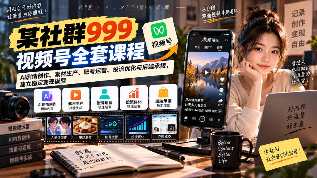 【无水印】某社群999视频号全套课程：AI剧情创作、素材生产、账号运营、投流优化与后端承接，建立稳定变现模型-智点网