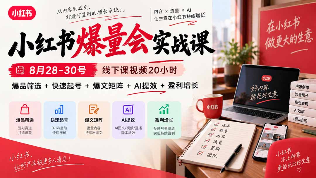 小红书爆量会实战课：8月28-30号线下课视频20小时，爆品筛选+快速起号+爆文矩阵+AI提效+盈利增长-智点网