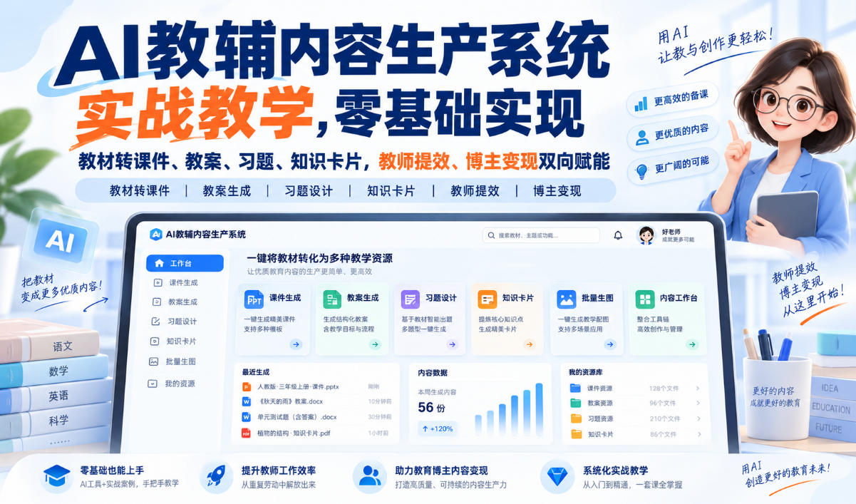 【无水印】AI教辅内容生产系统实战教学，零基础实现教材转课件、教案、习题、知识卡片，教师提效、博主变现双向赋能(更新0926)-智点网