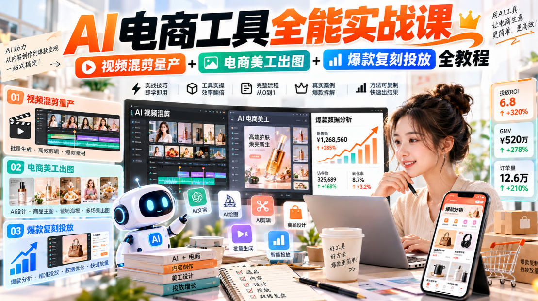 AI电商工具全能实战教学，视频混剪量产+电商美工出图+爆款复刻投放全教程​-智点网