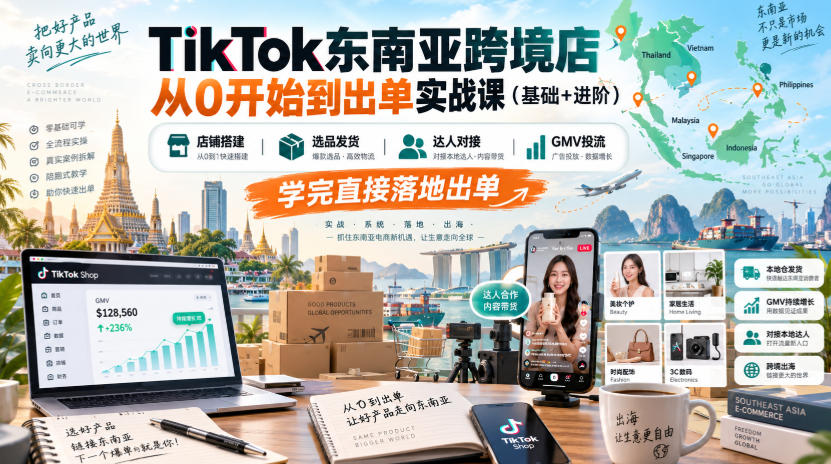 TikTok东南亚跨境店从0开始到出单实战课(基础+进阶)，店铺搭建、选品发货、达人对接、GMV投流，学完直接落地出单-智点网