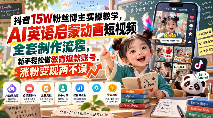 抖音15W粉丝博主实操教学，AI英语启蒙动画短视频全套制作流程，新手轻松做教育爆款账号，涨粉变现两不误-智点网