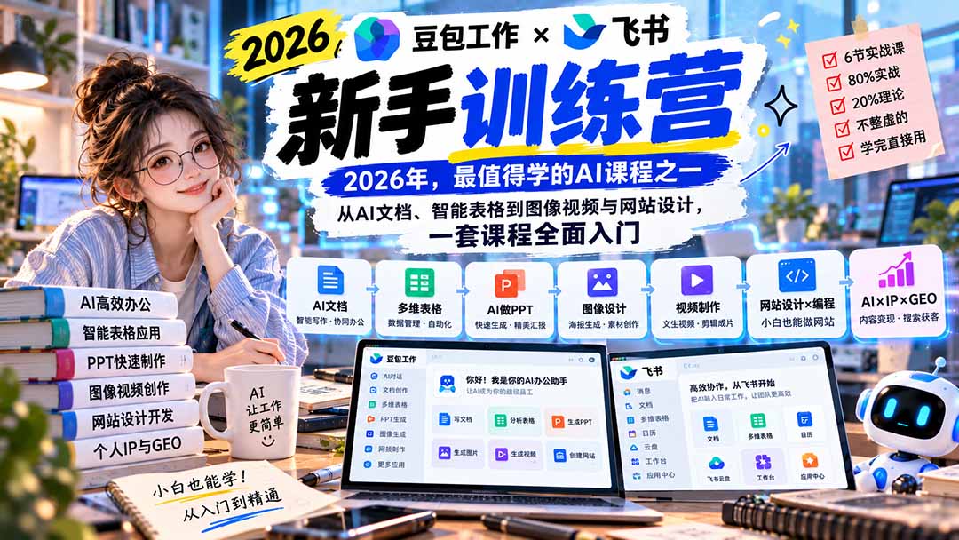 2026豆包工作+飞书新手训练营-9月新课：从AI文档、智能表格到图像视频与网站设计，一套课程全面入门-智点网
