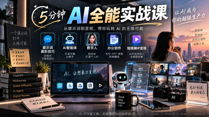 5分钟AI全能实战课｜提示词高阶技巧+AI智能体+数字人+办公创作+短视频IP变现全教程-智点网