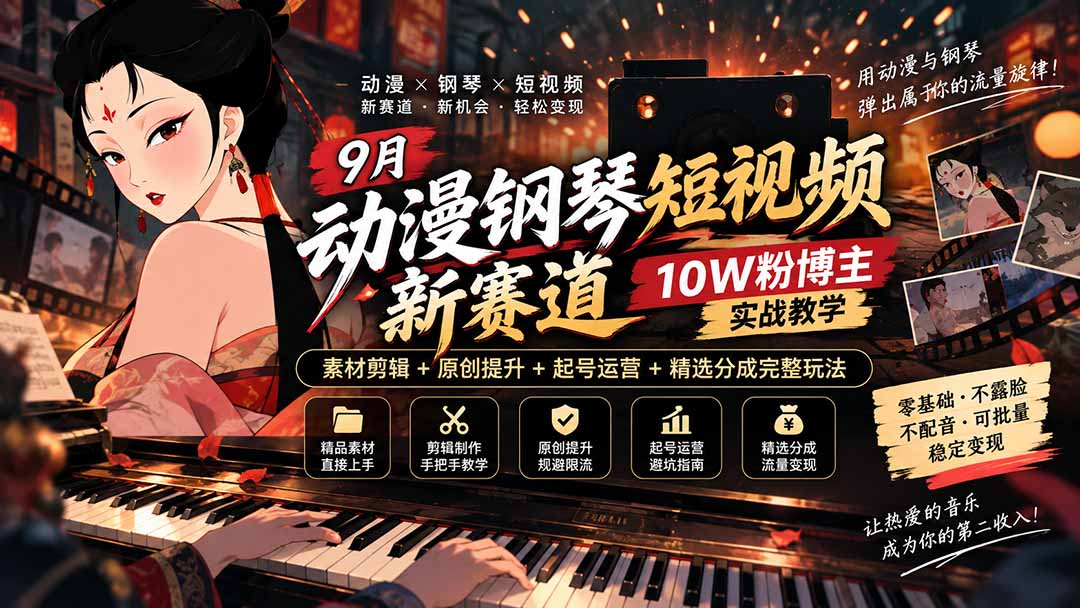9月动漫钢琴短视频新赛道｜10W粉博主实战教学，素材剪辑+原创提升+起号运营+精选分成完整玩法-智点网