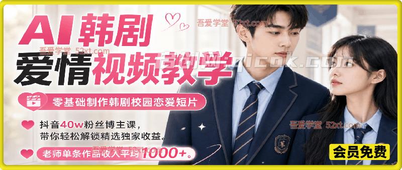 AI韩剧爱情视频教学，抖音40w粉丝博主0基础教你制作韩剧校园恋爱短片，轻松解锁精选独家收益，老师单条作品收入平均1000+-智点网