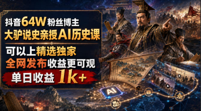 抖音64W粉丝博主大驴说史亲授AI历史课，可以上精选独家，全网发布收益更可观，单日收益1k+(更新)-智点网