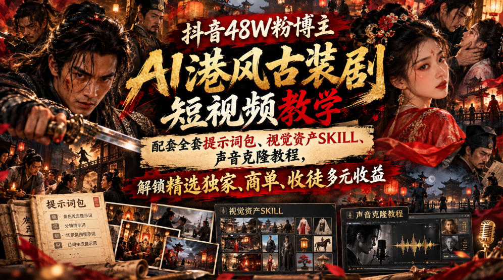 抖音48W粉博主AI港风古装剧短视频教学，配套全套提示词包、视觉资产SKILL、声音克隆教程，解锁精选独家、商单、收徒多元收益-智点网