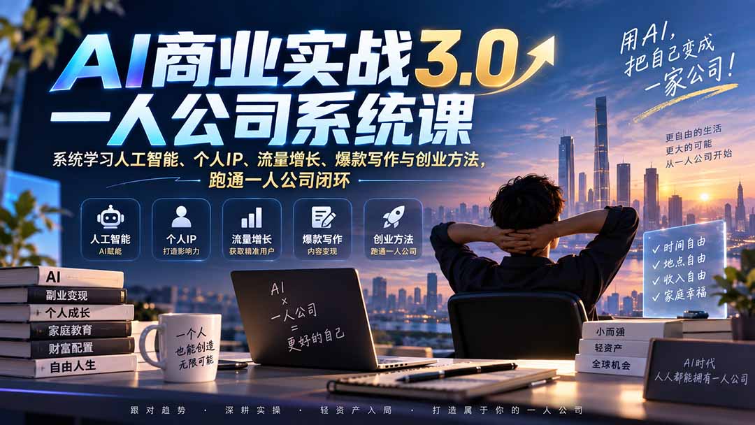AI商业实战3.0一人公司系统课：系统学习人工智能、个人IP、流量增长、爆款写作与创业方法，跑通一人公司闭环-智点网