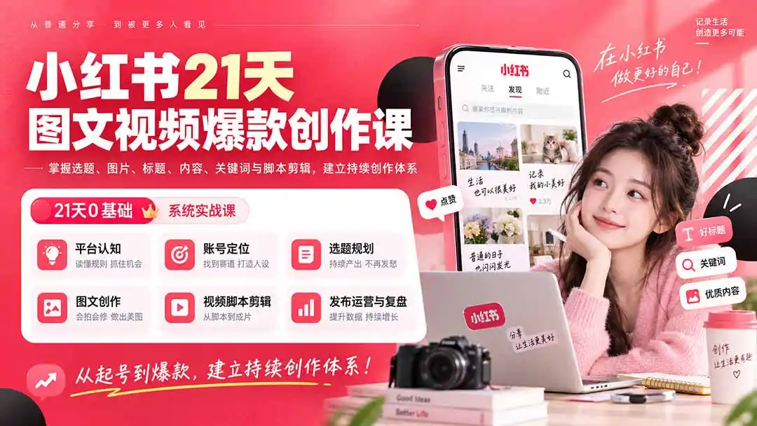 小红书21天图文视频爆款创作课:掌握选题、图片、标题、内容、关键词与脚本剪辑,建立持续创作体系-智点网