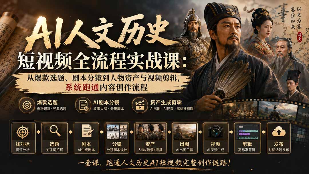 AI人文历史短视频全流程实战课-更新：从爆款选题、剧本分镜到人物资产与视频剪辑，系统跑通内容创作流程-智点网