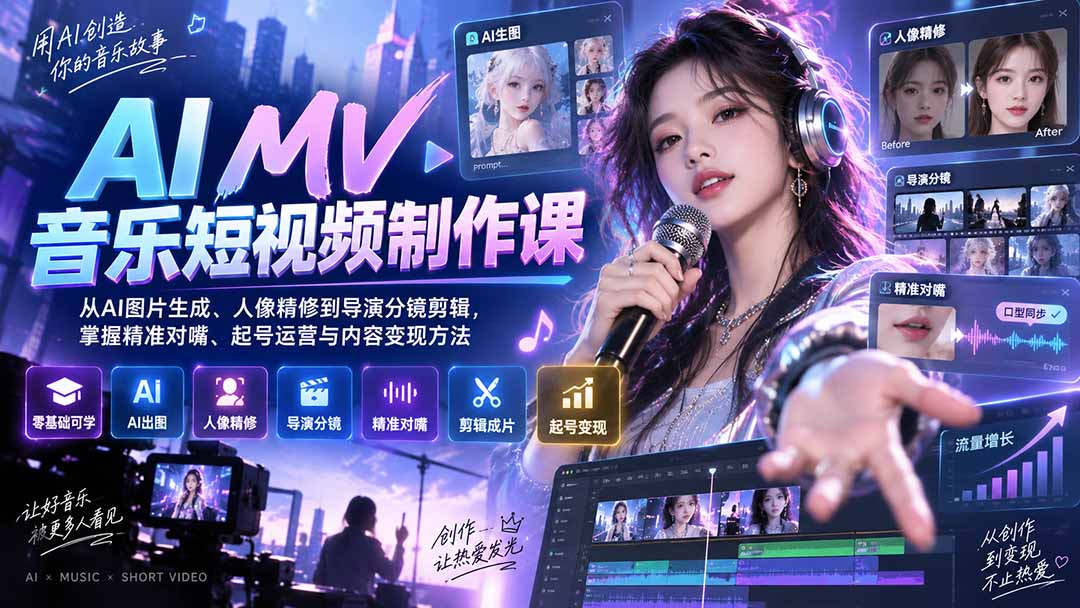 AI MV音乐短视频制作课：从AI图片生成、人像精修到导演分镜剪辑，掌握精准对嘴、起号运营与内容变现方法-智点网
