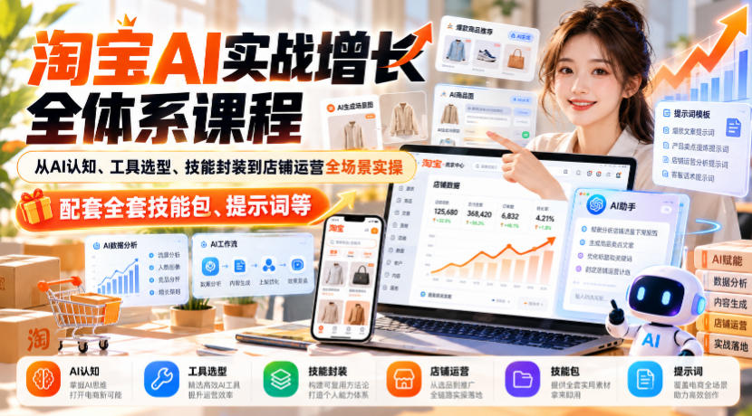 淘宝AI实战增长全体系课程，从AI认知、工具选型、技能封装到店铺运营全场景实操，配套全套技能包、提示词等-智点网