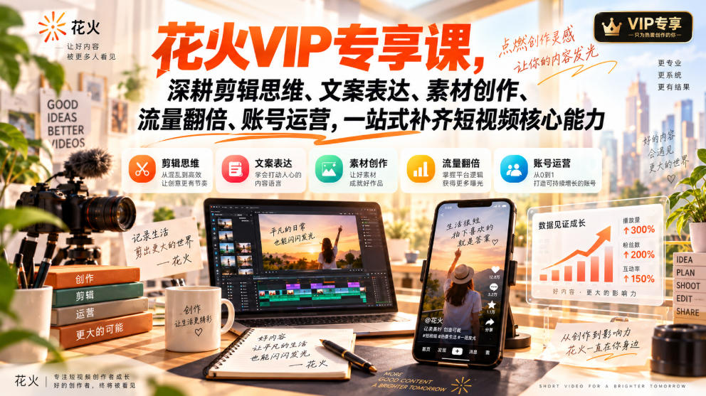 花火VIP专享课，深耕剪辑思维、文案表达、素材创作、流量翻倍、账号运营，一站式补齐短视频核心能力-智点网