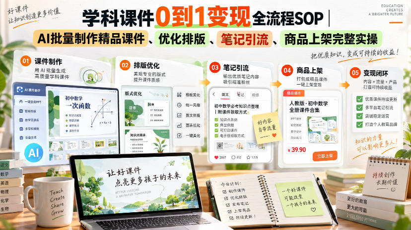 学科课件0到1变现全流程SOP｜AI批量制作精品课件、优化排版、笔记引流、商品上架完整实操​-智点网