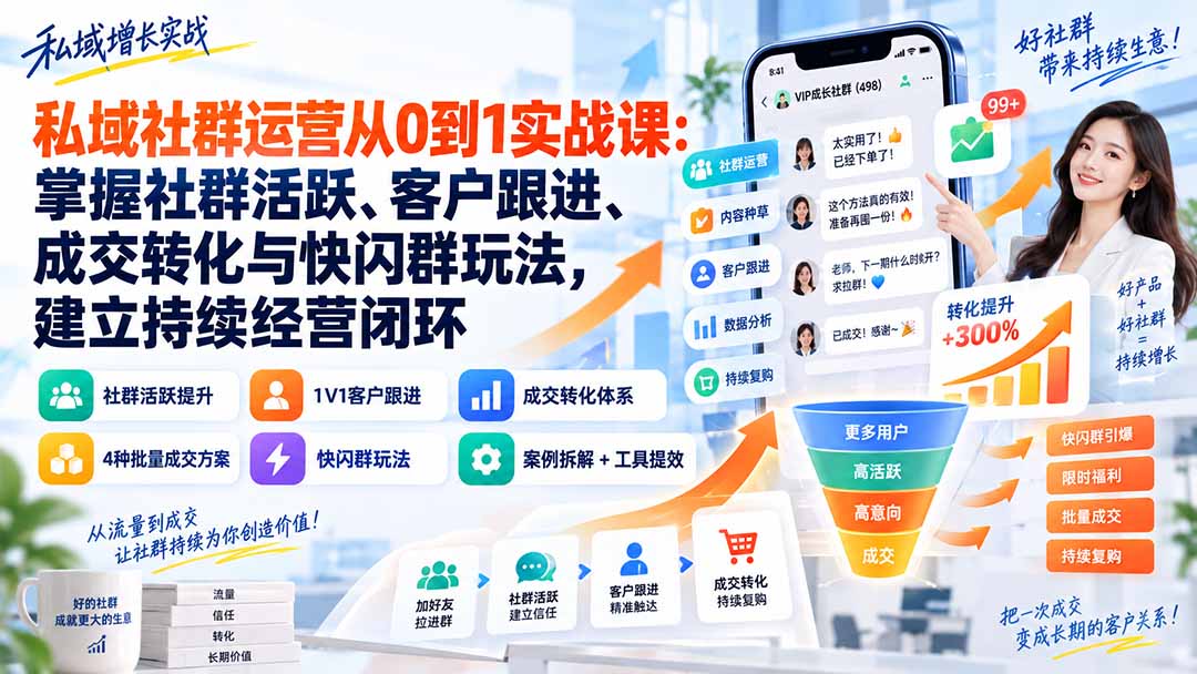 私域社群运营从0到1实战课：掌握社群活跃、客户跟进、成交转化与快闪群玩法，建立持续经营闭环-智点网