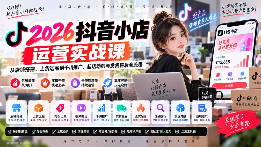 2026抖音小店运营实战课｜从店铺搭建、上货选品到千川推广、起店动销与发货售后全流程-智点网