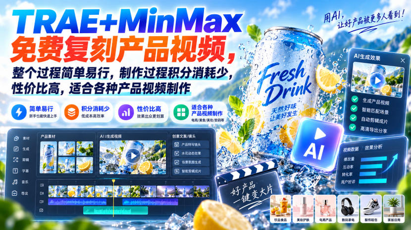 TRAE+MinMax免费复刻产品视频，整个过程简单易行，制作过程积分消耗少，性价比高，适合各种产品视频制作-智点网