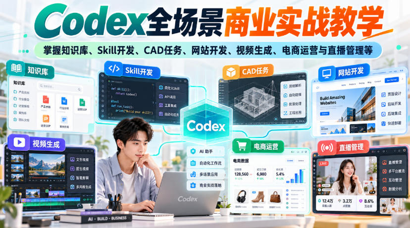 【无水印】Codex全场景商业实战教学，掌握知识库、Skill开发、CAD任务、网站开发、视频生成、电商运营与直播管理等-智点网