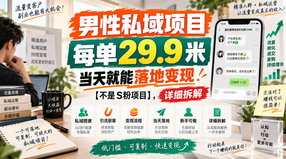 男性私域项目，每单29.9米，当天就能落地变现【不是S粉项目】，详细拆解-智点网