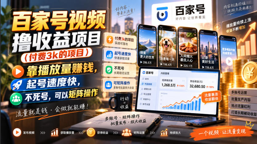 百家号视频撸收益项目(付费3k的项目)，靠播放量賺钱，起号速度快，不死号，可以矩阵操作-智点网