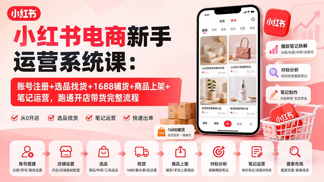 小红书电商新手运营系统课：账号注册+选品找货+1688铺货+商品上架+笔记运营，跑通开店带货完整流程-智点网