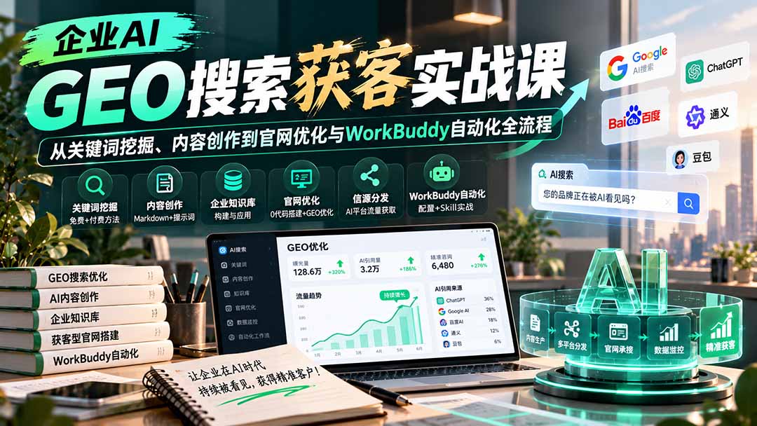 企业AI GEO搜索获客实战课：从关键词挖掘、内容创作到官网优化与WorkBuddy自动化全流程-智点网