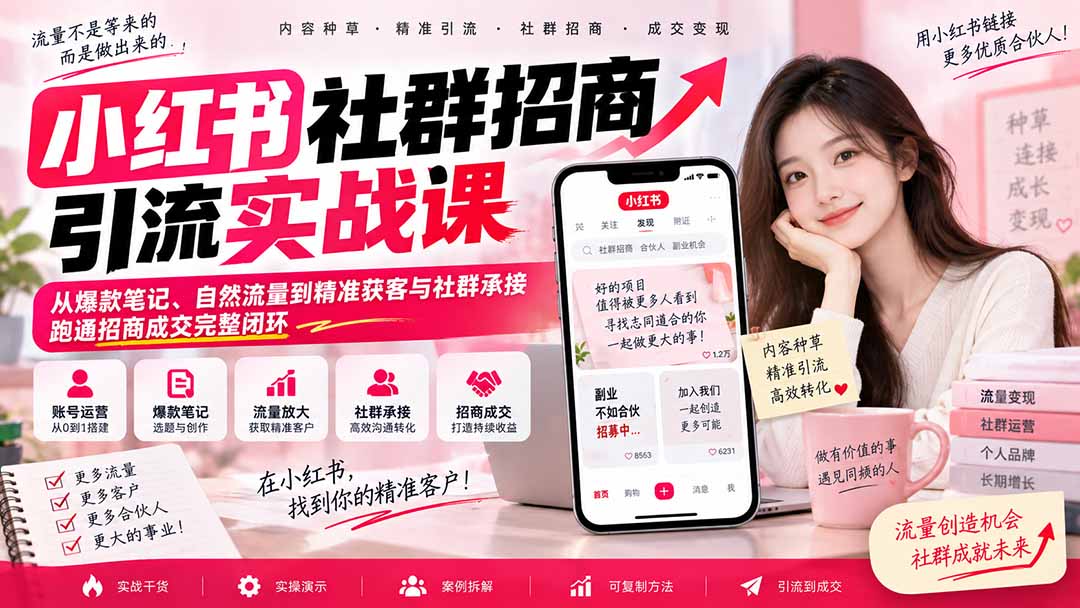 小红书社群招商引流实战课-无水印：从爆款笔记、自然流量到精准获客与社群承接，跑通招商成交完整闭环-智点网