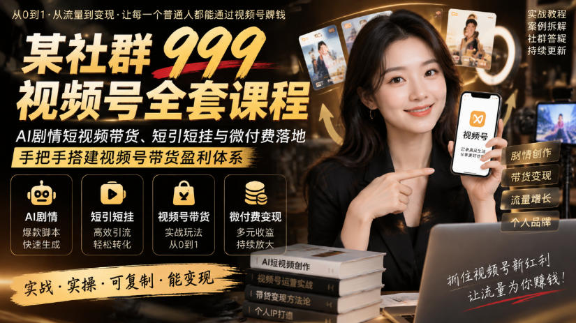某社群999视频号全套课程，AI剧情短视频带货、短引短挂与微付费落地，手把手搭建视频号带货盈利体系-智点网