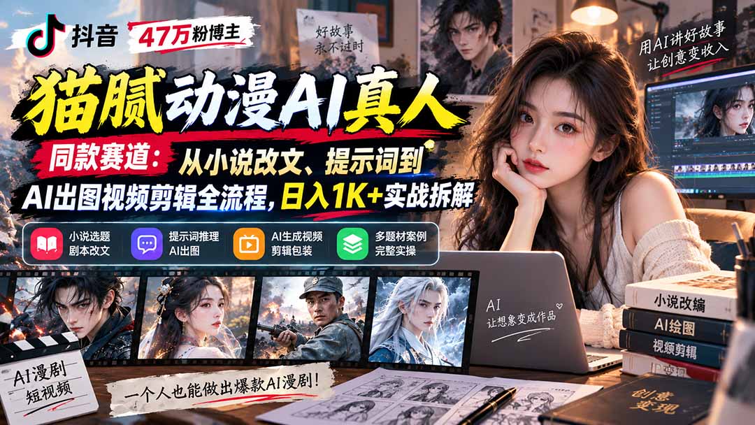 抖音47万粉博主猫腻动漫AI真人同款赛道：从小说改文、提示词到AI出图视频剪辑全流程，日入1K+实战拆解-智点网