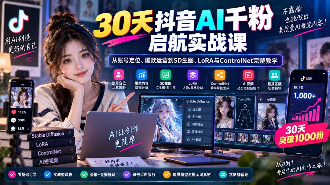 30天抖音AI千粉启航实战课：从账号定位、爆款运营到SD生图、LoRA与ControlNet完整教学-智点网