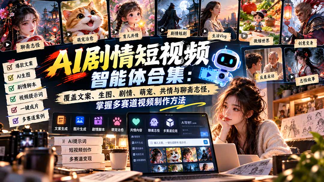 【无水印】AI剧情短视频智能体合集：覆盖文案、生图、剧情、萌宠、共情与聊斋志怪，掌握多赛道视频制作方法-智点网