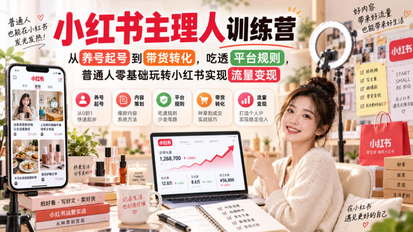 小红书主理人训练营，从养号起号到带货转化，吃透平台规则，普通人零基础玩转小红书实现流量变现-智点网