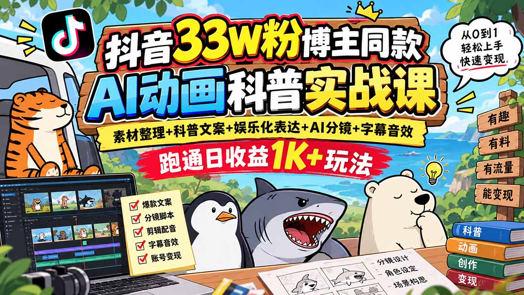 抖音33W粉博主同款AI动画科普实战课｜素材整理+科普文案+娱乐化表达+AI分镜+字幕音效，跑通日收益1K+玩法-智点网