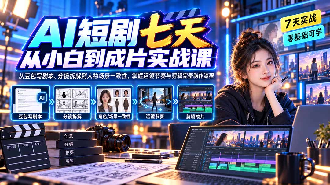 AI短剧七天从小白到成片实战课：从豆包写剧本、分镜拆解到人物场景一致性，掌握运镜节奏与剪辑完整制作流程-智点网