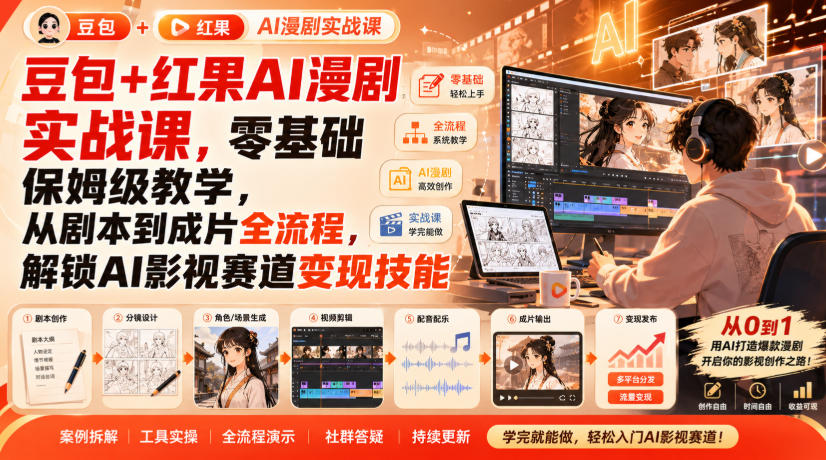 豆包+红果AI漫剧实战课，零基础保姆级教学，从剧本到成片全流程，解锁AI影视赛道变现技能-智点网