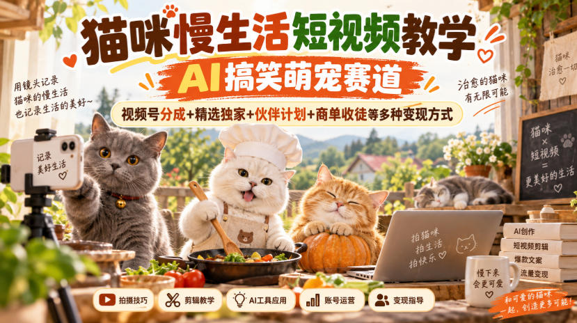 猫咪慢生活短视频教学，AI搞笑萌宠赛道，视频号分成+精选独家+伙伴计划+商单收徒等多种变现方式-智点网
