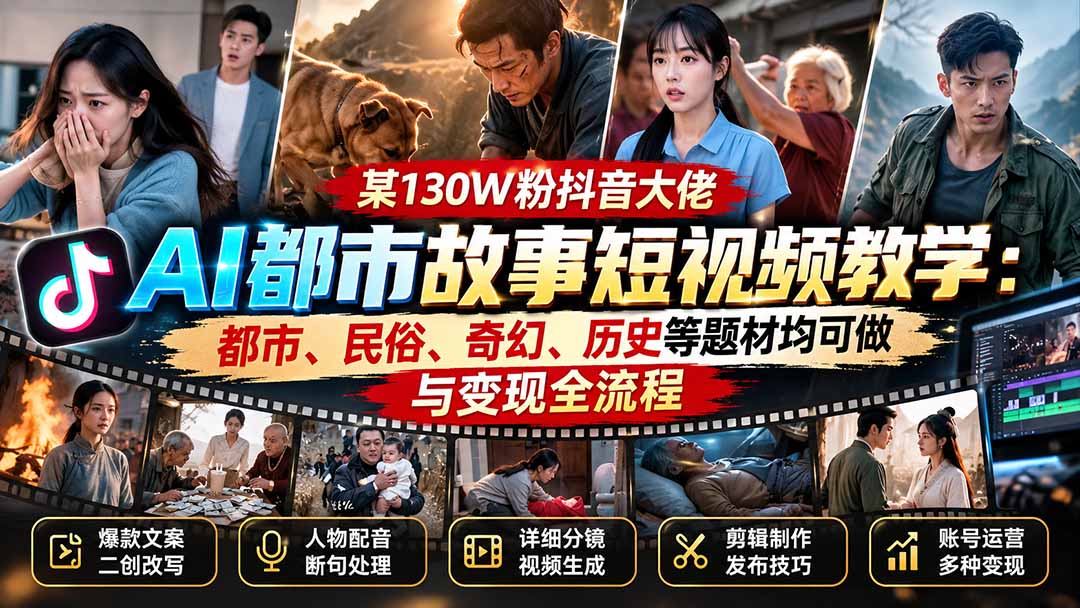 某130W粉抖音大佬AI都市故事短视频教学：都市、民俗、奇幻、历史等题材均可做与变现全流程-智点网